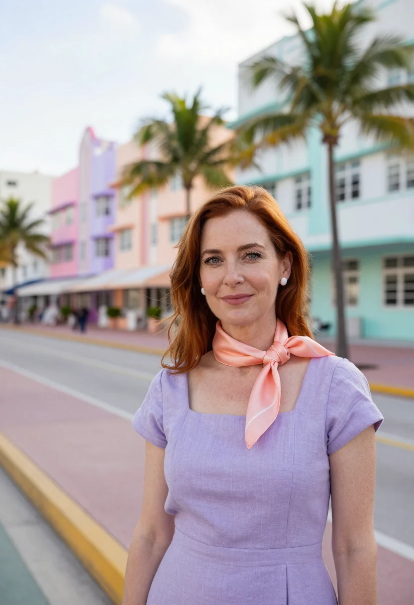 AI miami beach deco preservationist palette sample — portrait of a woman, in her forties, with warm fair skin, gr
