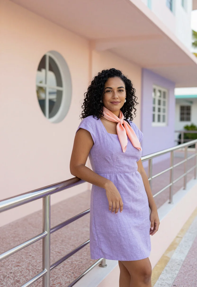 AI miami beach deco preservationist palette sample — portrait of a woman, Puerto Rican, in her thirties, with gol