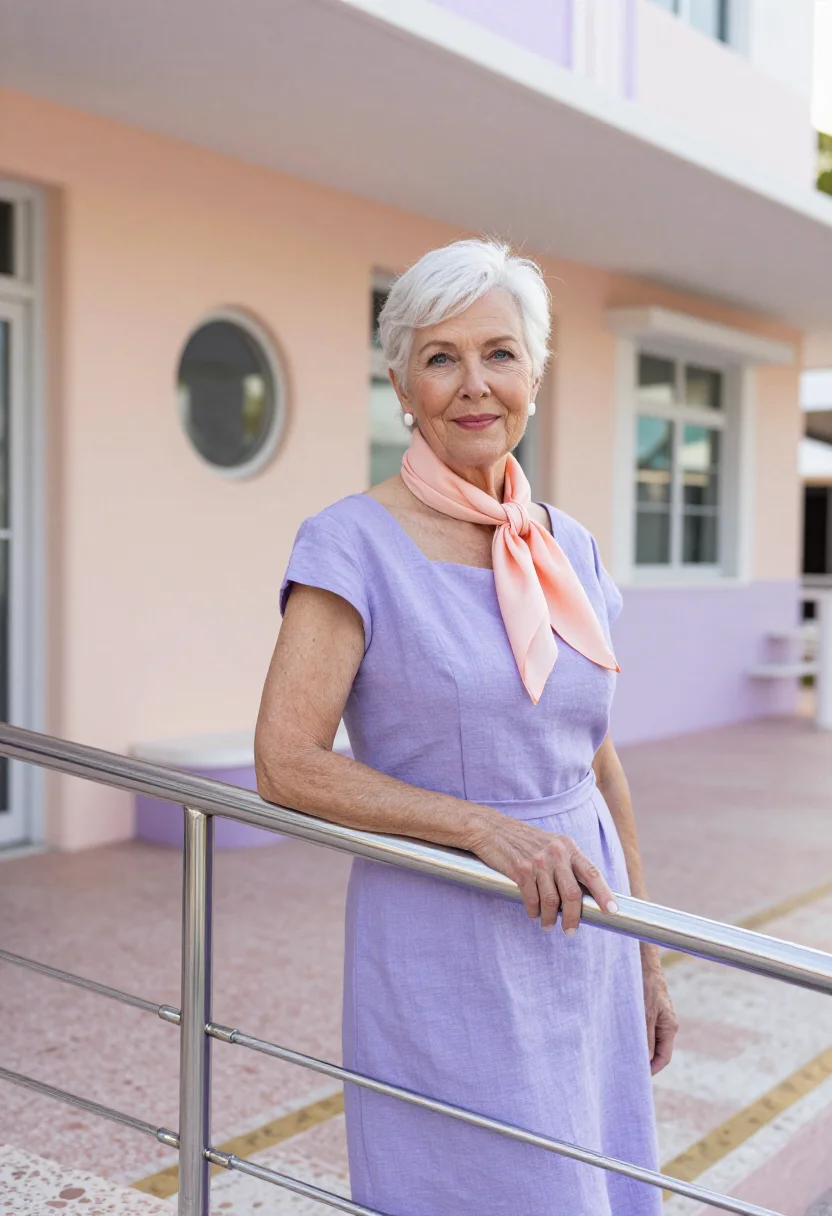 AI miami beach deco preservationist palette sample — portrait of a woman, in her sixties, with fair skin, blue ey