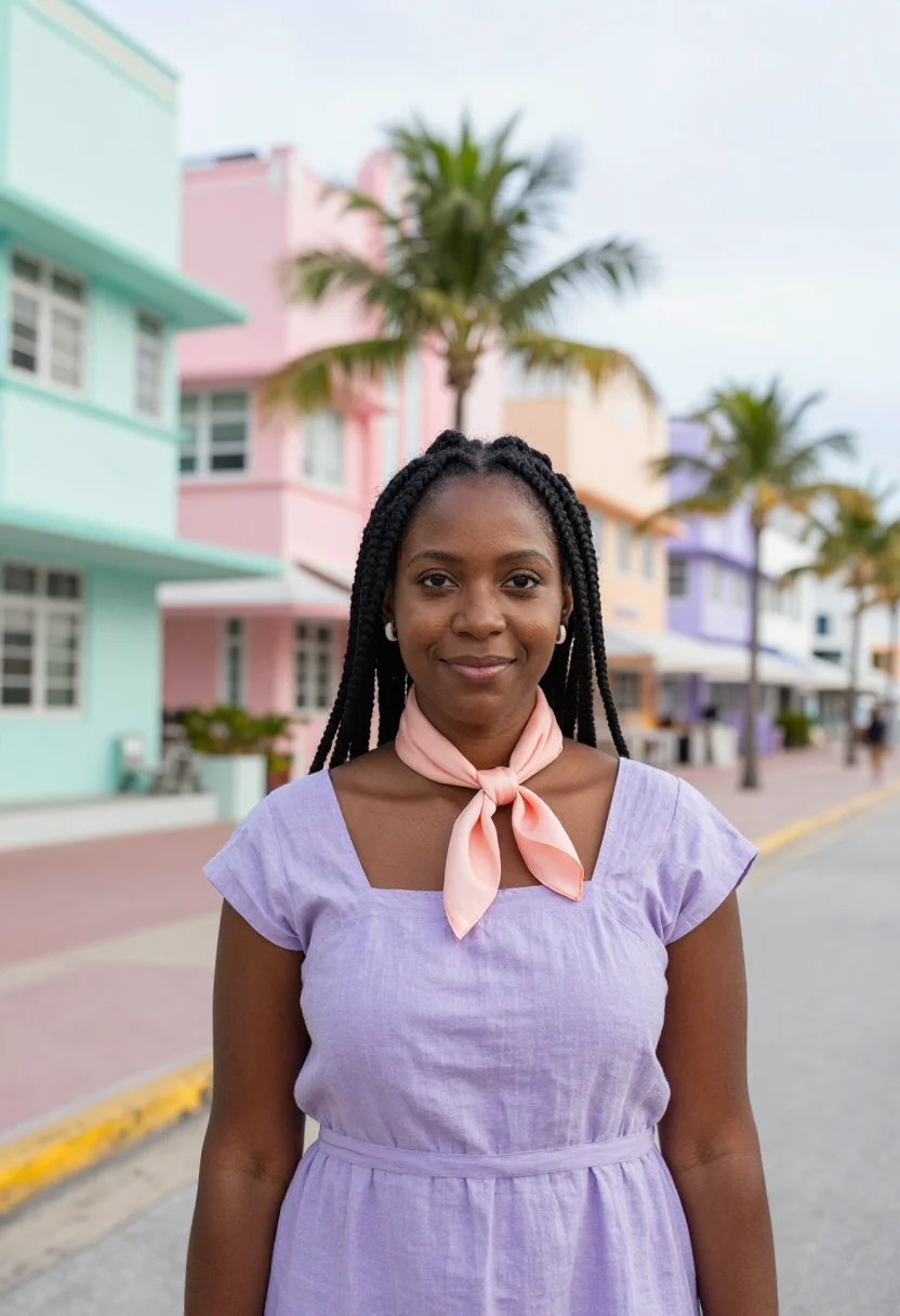 AI miami beach deco preservationist palette sample — portrait of a woman, Haitian-American, in her late twenties,