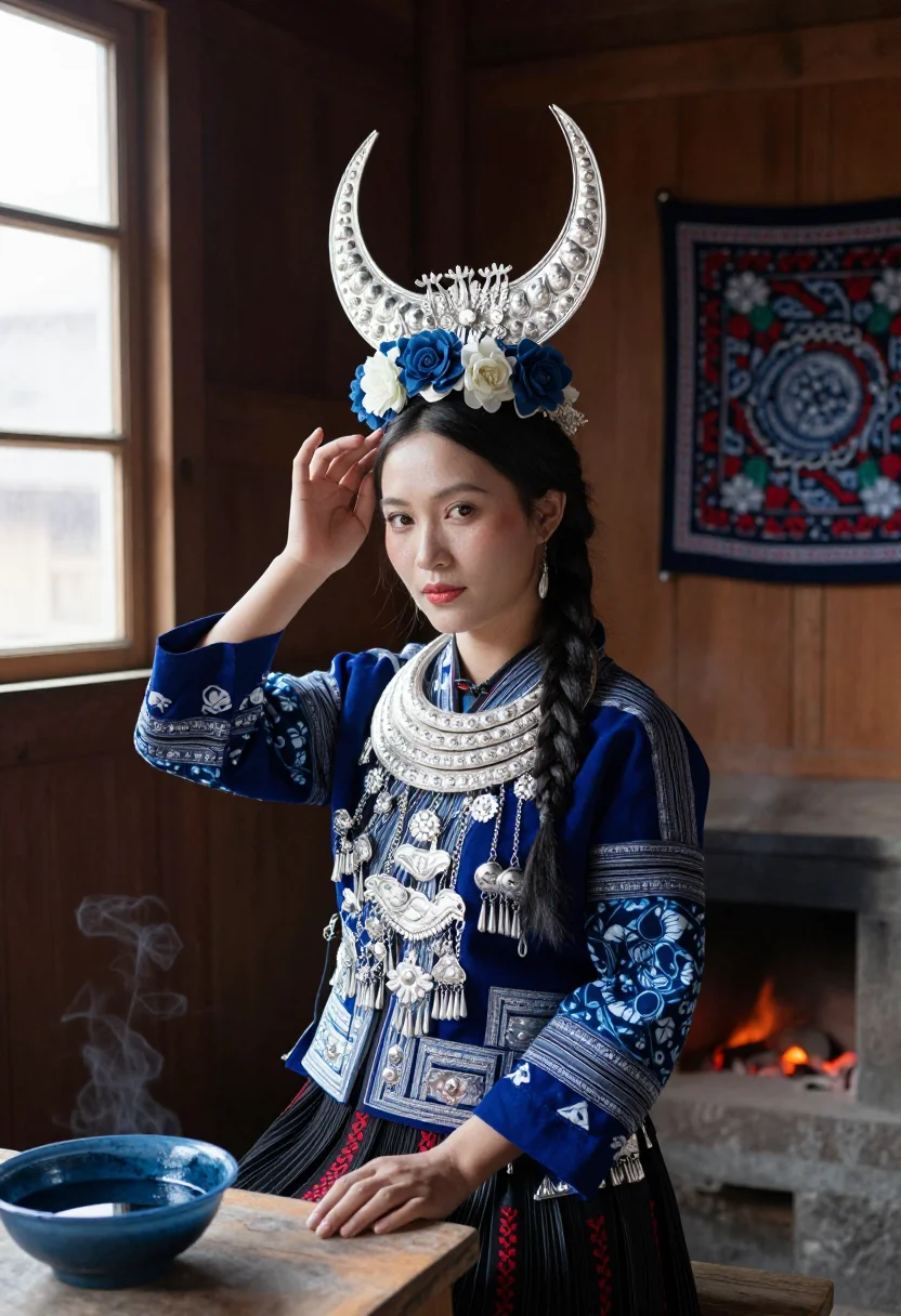 AI miao silver sample — portrait of a woman, close half-length portrait of a Miao wo
