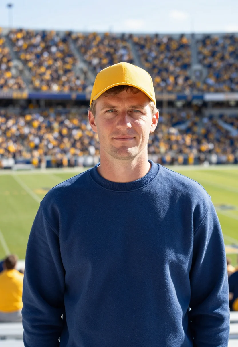 AI michigan stadium big house maize blue sample — portrait of a man, a German-American football fan in his mid