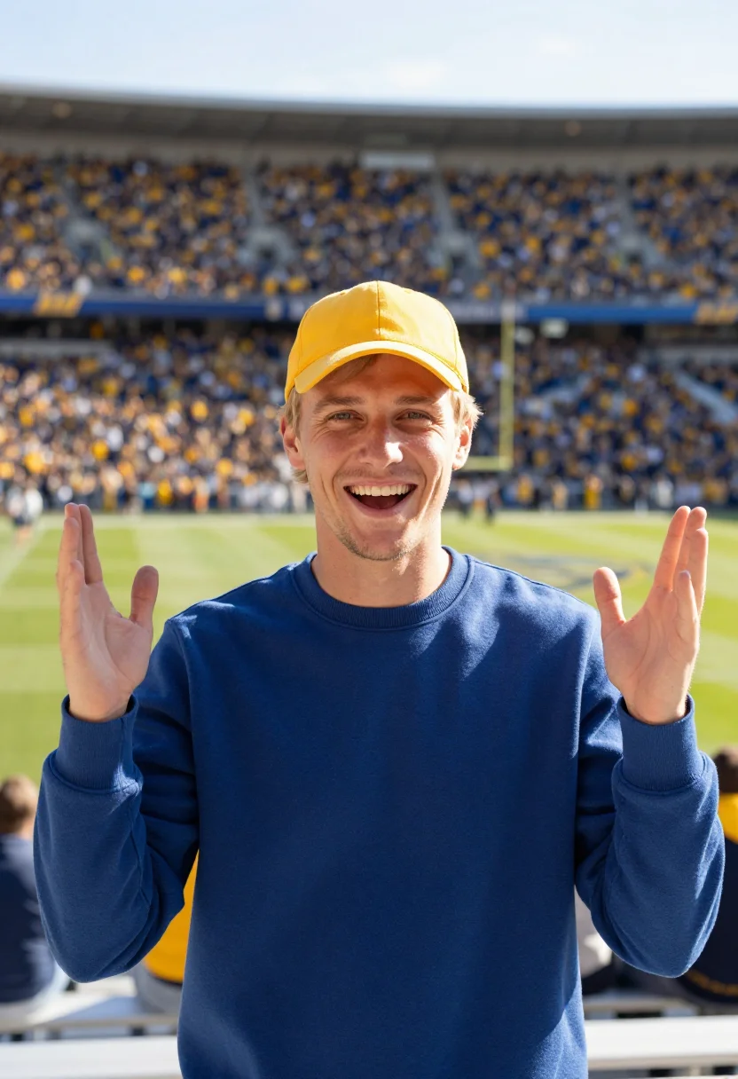 AI michigan stadium big house maize blue sample — portrait of a man, a Polish-American football fan in his ear