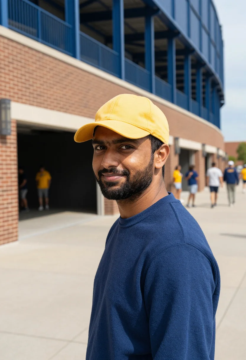 AI michigan stadium big house maize blue sample — portrait of a man, an Indian-American football fan in his la