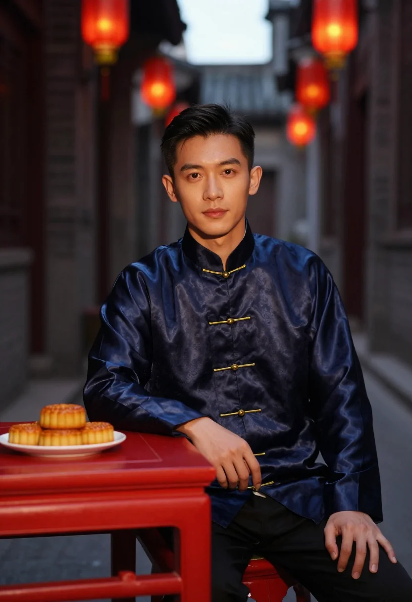 AI mid autumn lantern navy gold sample — portrait of a man, three-quarter-length portrait of a Chines