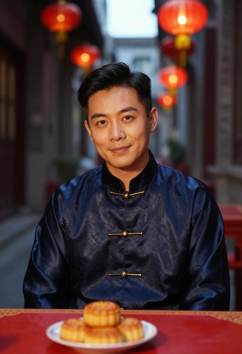 AI mid autumn lantern navy gold sample — portrait of a man, chest-up portrait of a Chinese man from S