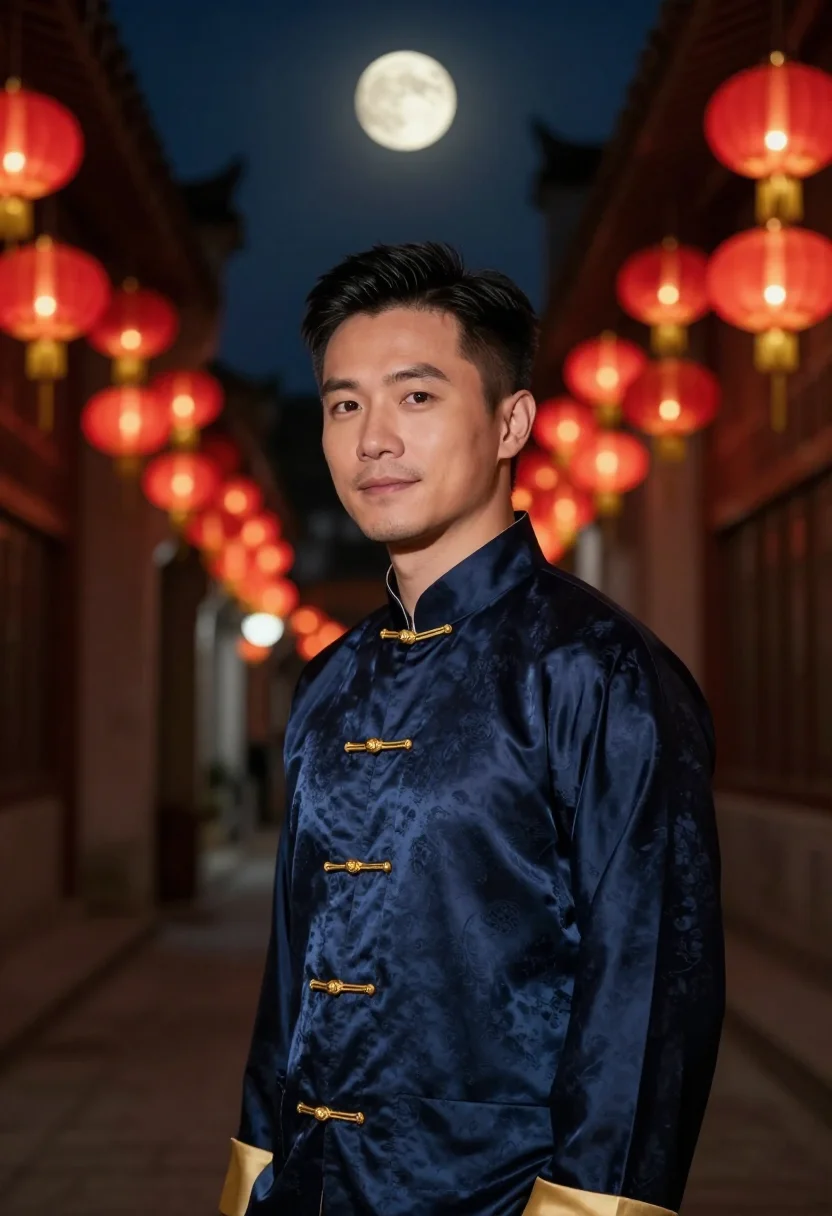 AI mid autumn lantern navy gold sample — portrait of a man, chest-up portrait of a Chinese man from S