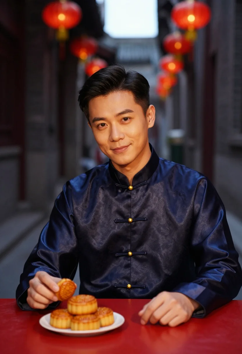 AI mid autumn lantern navy gold sample — portrait of a man, half-length portrait of a Chinese man fro