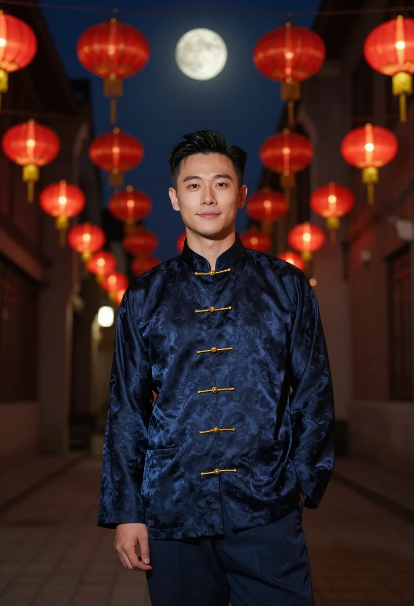 AI mid autumn lantern navy gold sample — portrait of a man, three-quarter-length portrait of a Chines