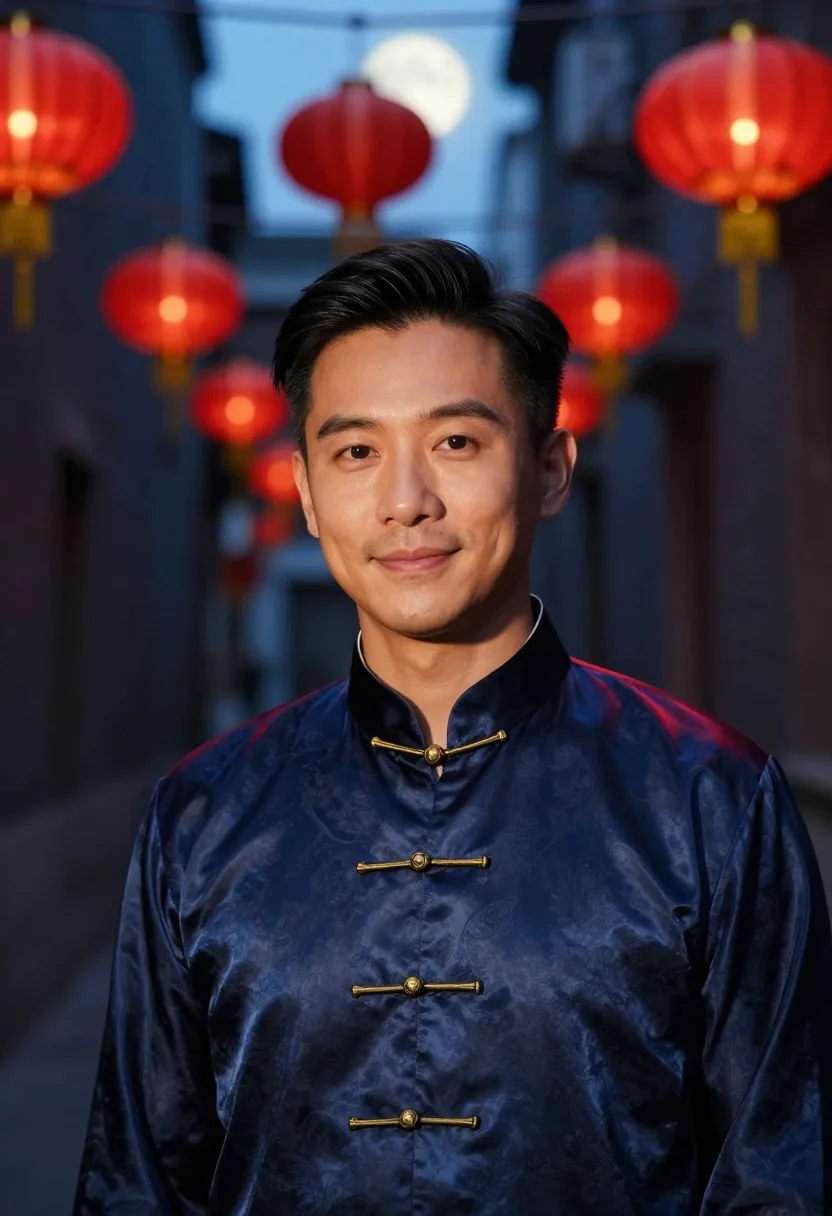 AI mid autumn lantern navy gold sample — portrait of a man, head-and-shoulders portrait of a Chinese