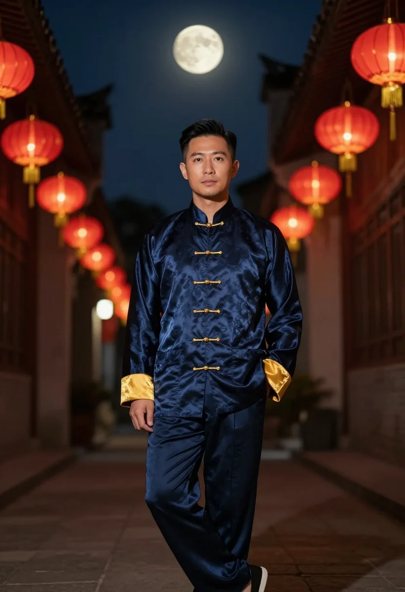 AI mid autumn lantern navy gold sample — portrait of a man, full-length portrait of a Chinese man fro