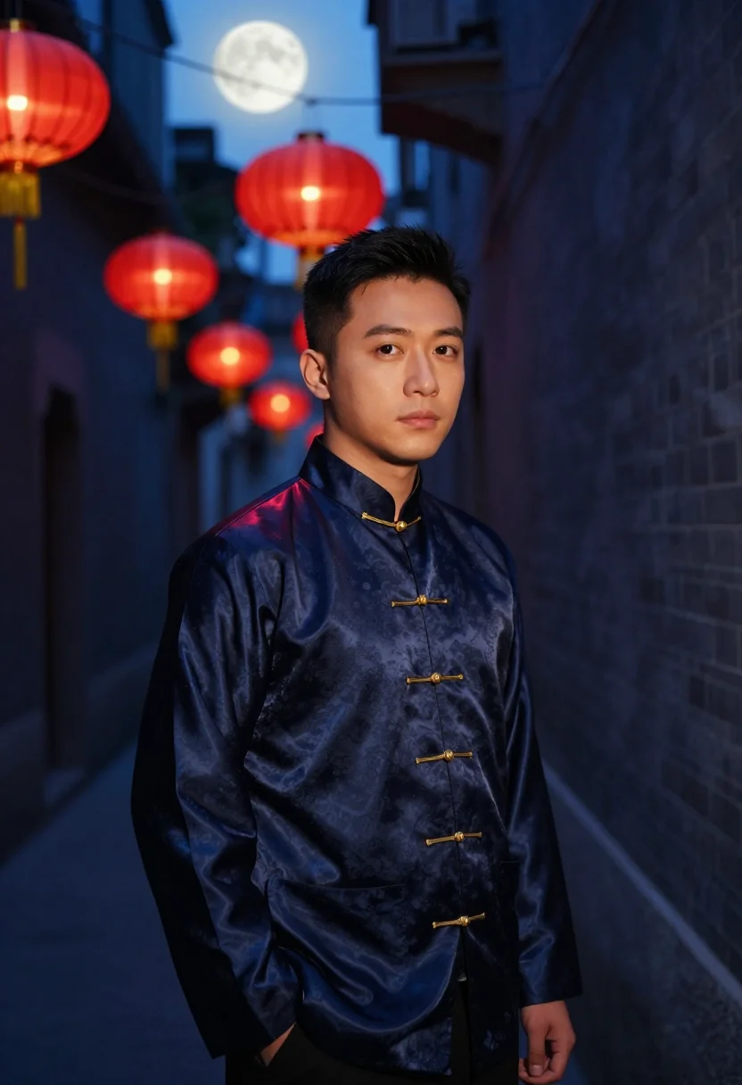 AI mid autumn lantern navy gold sample — portrait of a man, half-length portrait of a Chinese man fro