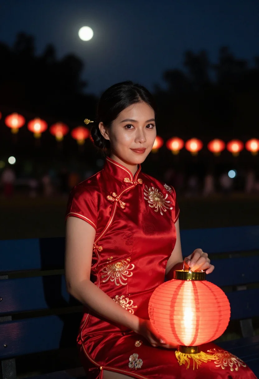 AI mid autumn lantern red gold sample — portrait of a woman, chest-up portrait of a Cantonese woman