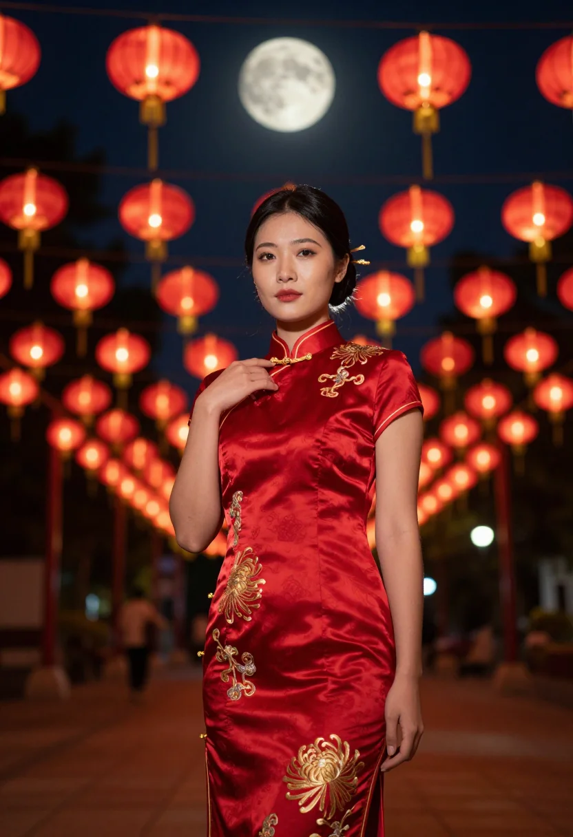 AI mid autumn lantern red gold sample — portrait of a woman, three-quarter-length portrait of a Cant