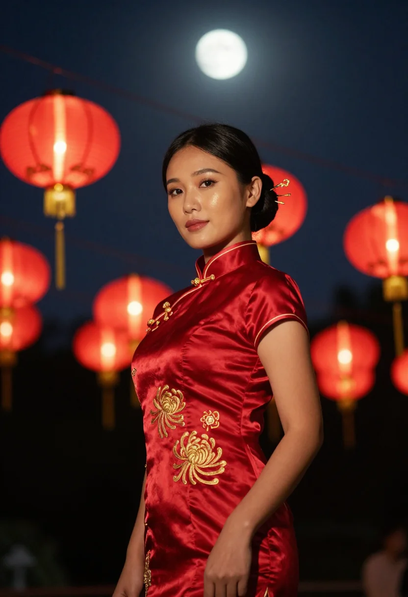 AI mid autumn lantern red gold sample — portrait of a woman, half-length portrait of a Cantonese wom