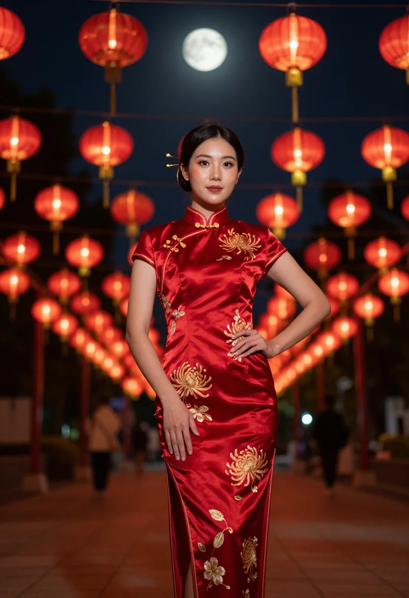AI mid autumn lantern red gold sample — portrait of a woman, full-length portrait of a Cantonese wom