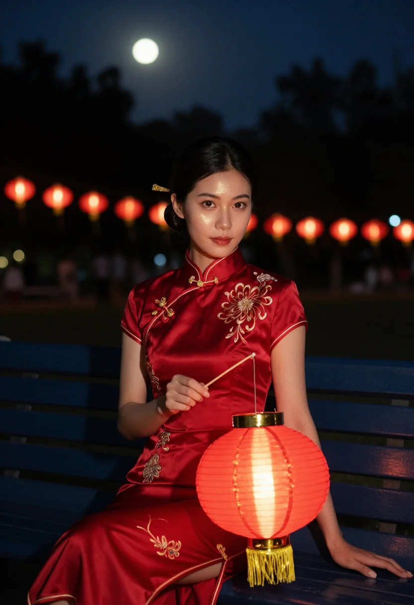 AI mid autumn lantern red gold sample — portrait of a woman, half-length portrait of a Cantonese wom
