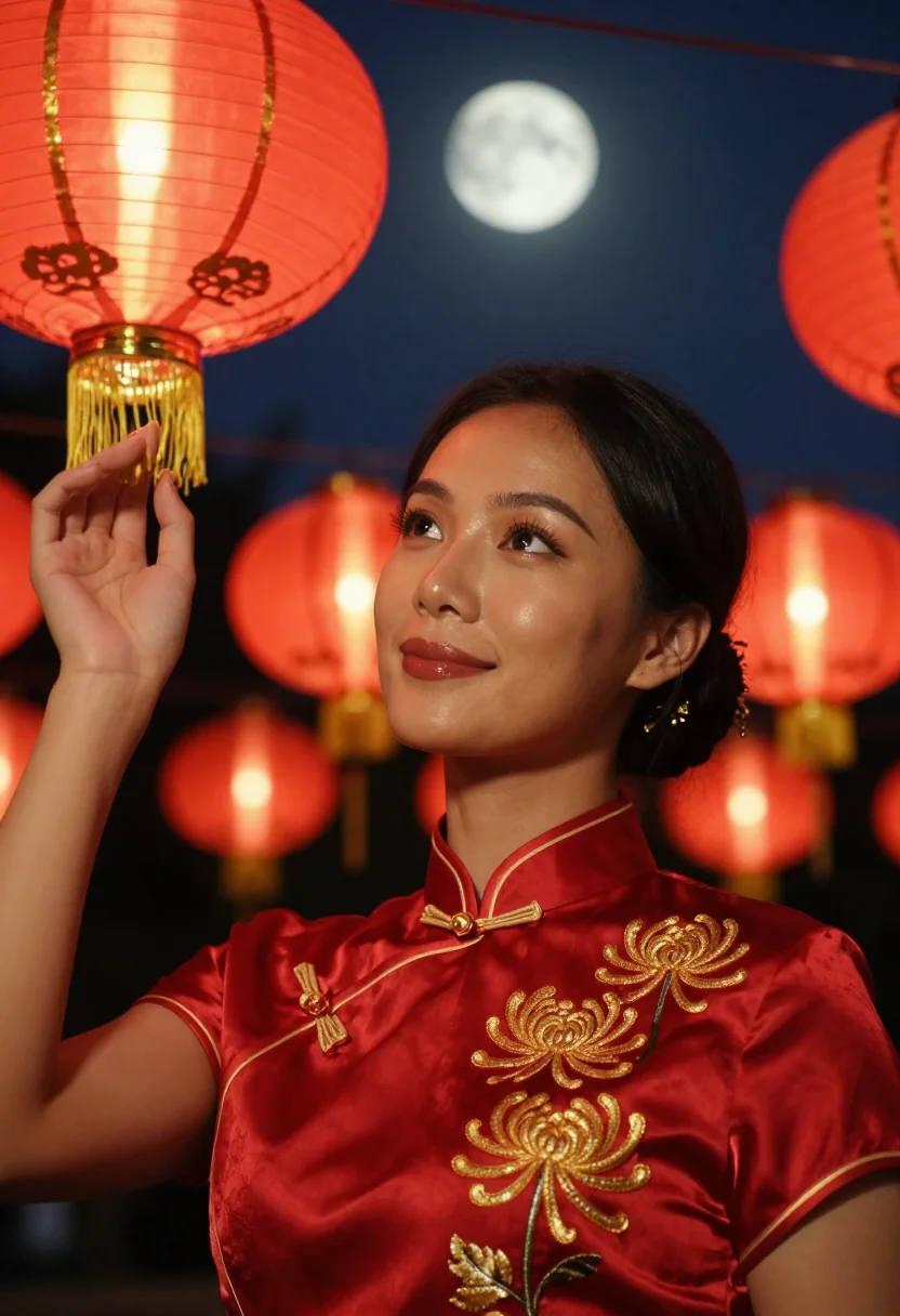 AI mid autumn lantern red gold sample — portrait of a woman, head-and-shoulders portrait of a Canton