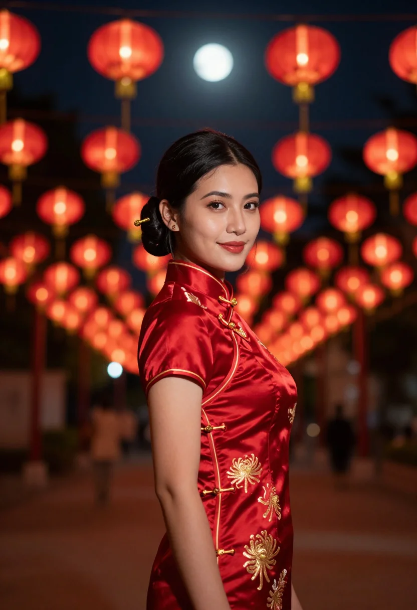 AI mid autumn lantern red gold sample — portrait of a woman, chest-up portrait of a Cantonese woman