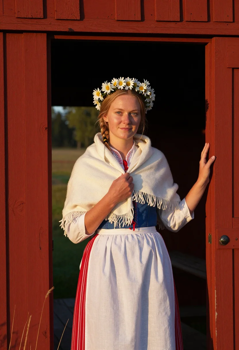 AI midsommar dalarna sample — portrait of a woman, in her mid-twenties, with warm fair ski