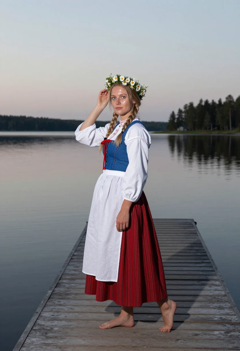 AI midsommar dalarna sample — portrait of a woman, in her mid-twenties, with warm fair ski
