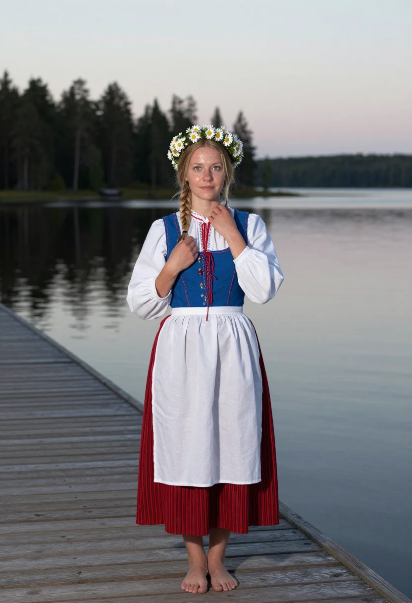 AI midsommar dalarna sample — portrait of a woman, in her mid-twenties, with warm fair ski