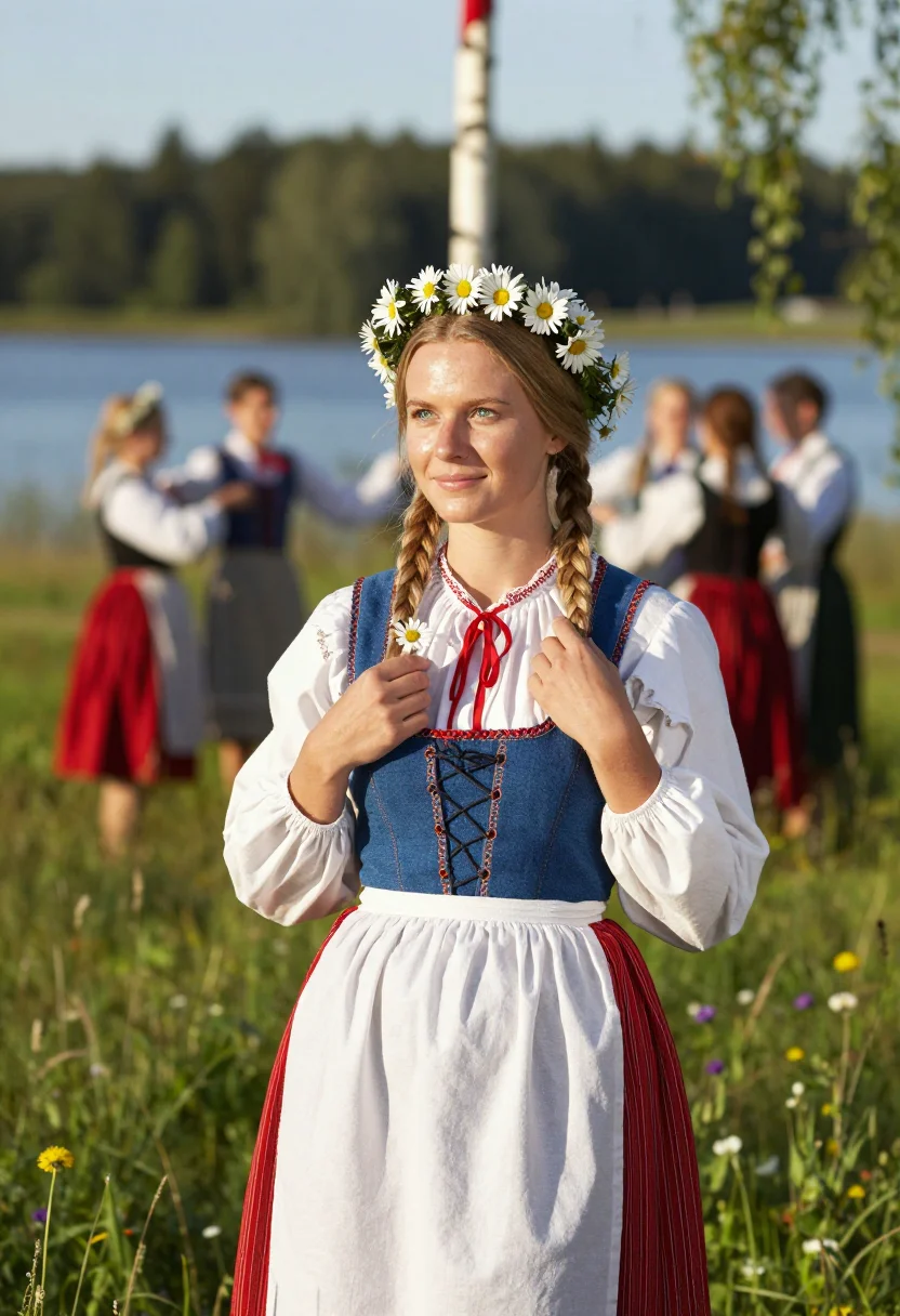 AI midsommar dalarna sample — portrait of a woman, in her mid-twenties, with warm fair ski