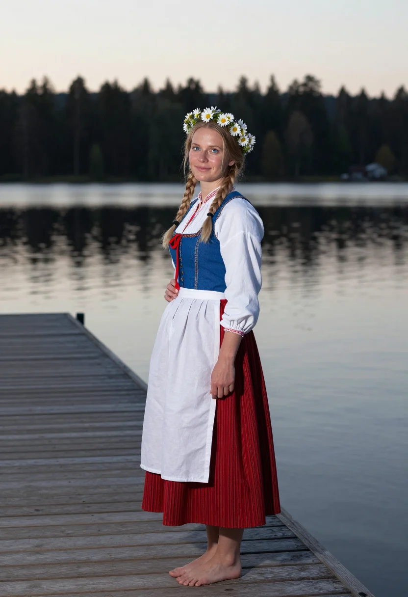 AI midsommar dalarna sample — portrait of a woman, in her mid-twenties, with warm fair ski