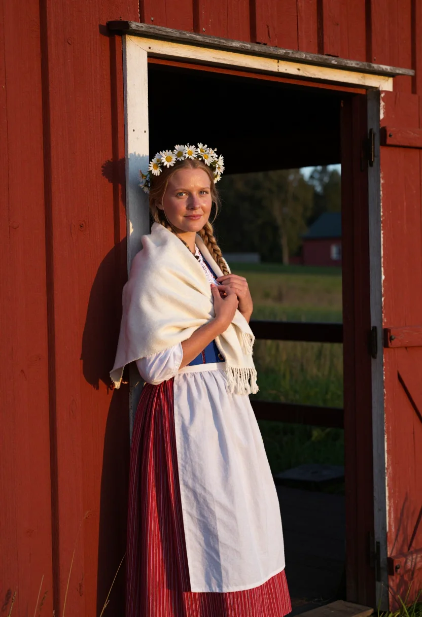 AI midsommar dalarna sample — portrait of a woman, in her mid-twenties, with warm fair ski