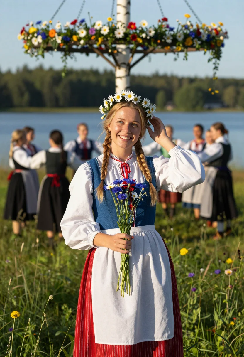 AI midsommar dalarna sample — portrait of a woman, in her mid-twenties, with warm fair ski