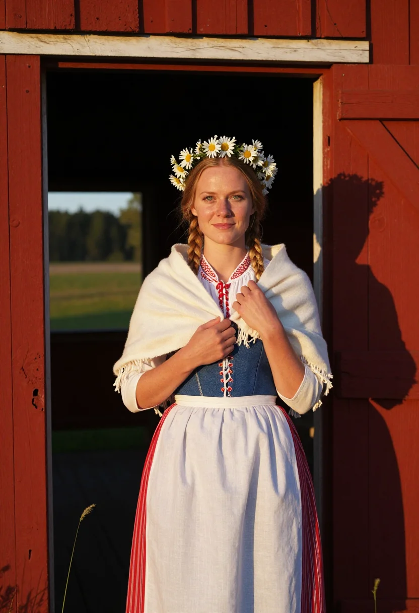 AI midsommar dalarna sample — portrait of a woman, in her mid-twenties, with warm fair ski