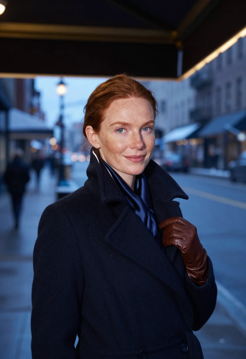 AI midtown snow navy sample — portrait of a woman, framed tight, head and shoulders, a Wes