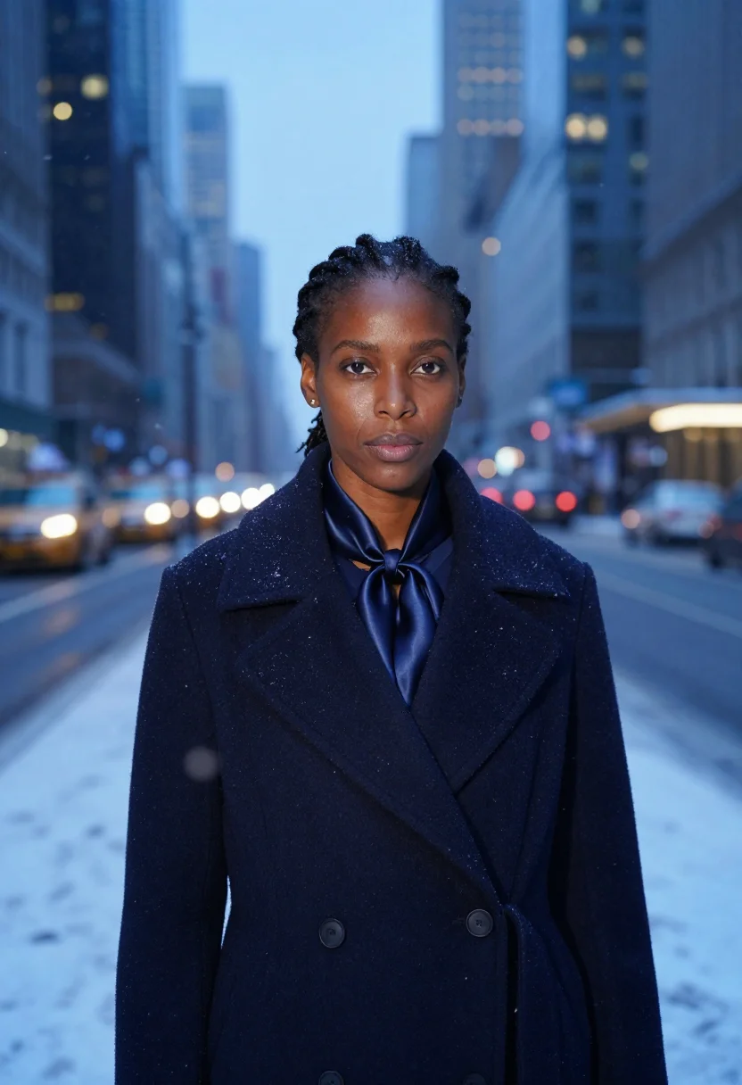 AI midtown snow navy sample — portrait of a woman, framed tight, head and shoulders, a Bla