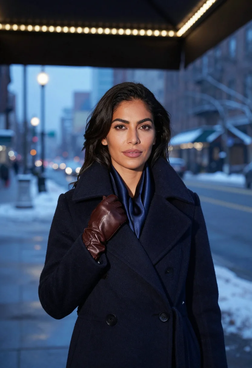 AI midtown snow navy sample — portrait of a woman, framed chest-up, a Latin-American woman