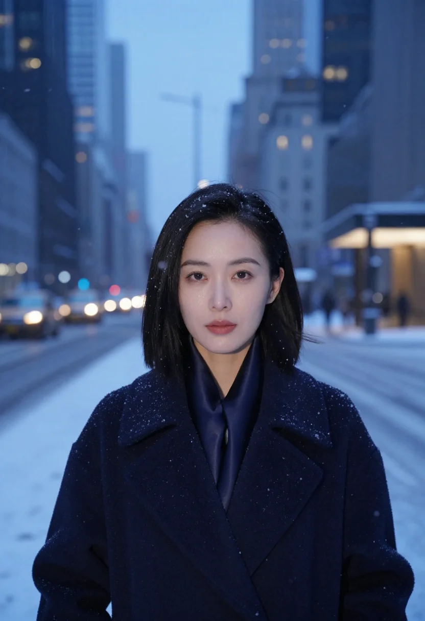 AI midtown snow navy sample — portrait of a woman, framed very tight on the face, an East-