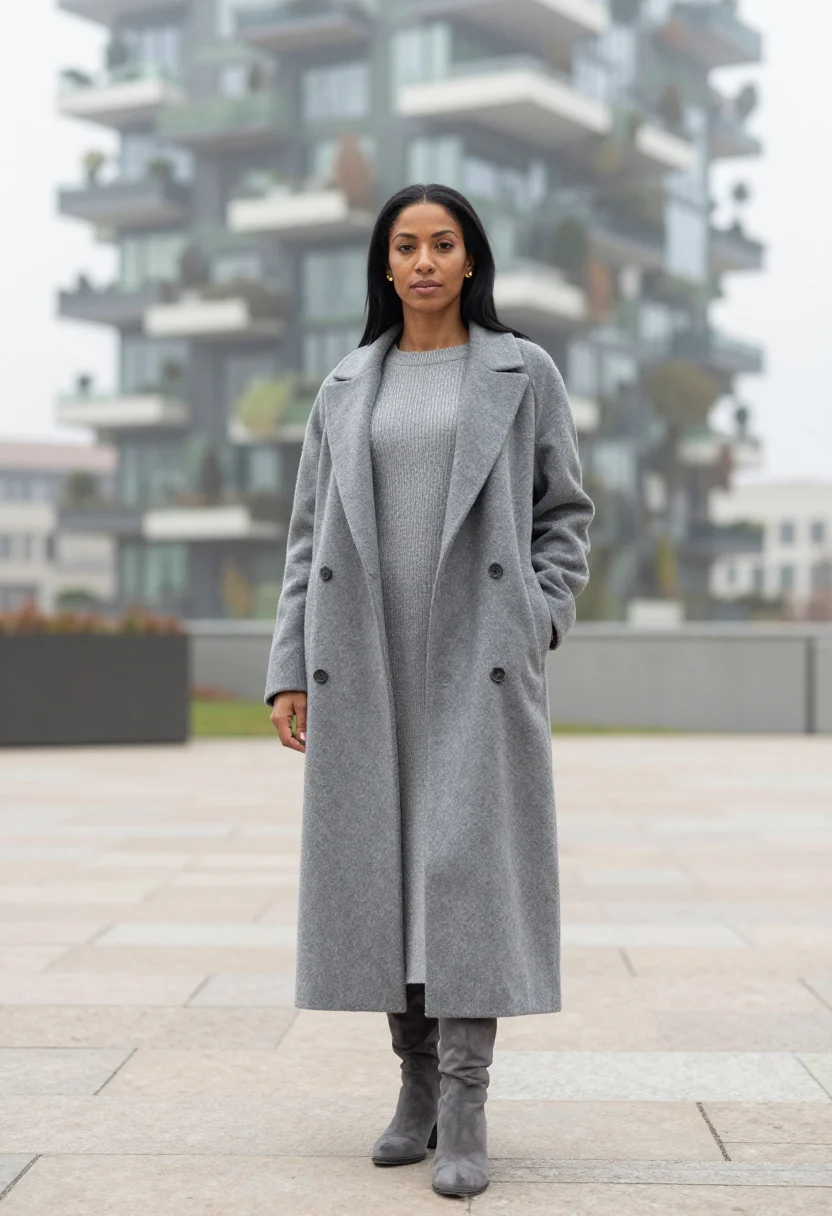 AI milan porta nuova nebbia grey sample — portrait of a woman, framed full-length from the head to the
