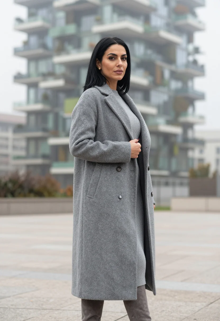 AI milan porta nuova nebbia grey sample — portrait of a woman, framed chest-up, cropped at the ribs, t