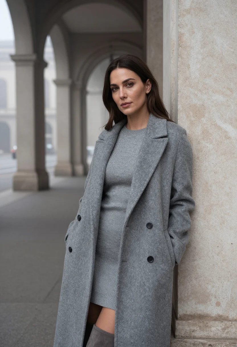 AI milan porta nuova nebbia grey sample — portrait of a woman, framed tight, head and shoulders, the b