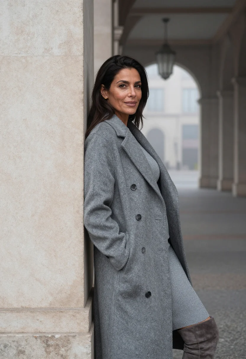 AI milan porta nuova nebbia grey sample — portrait of a woman, framed chest-up, cropped at the ribs, t