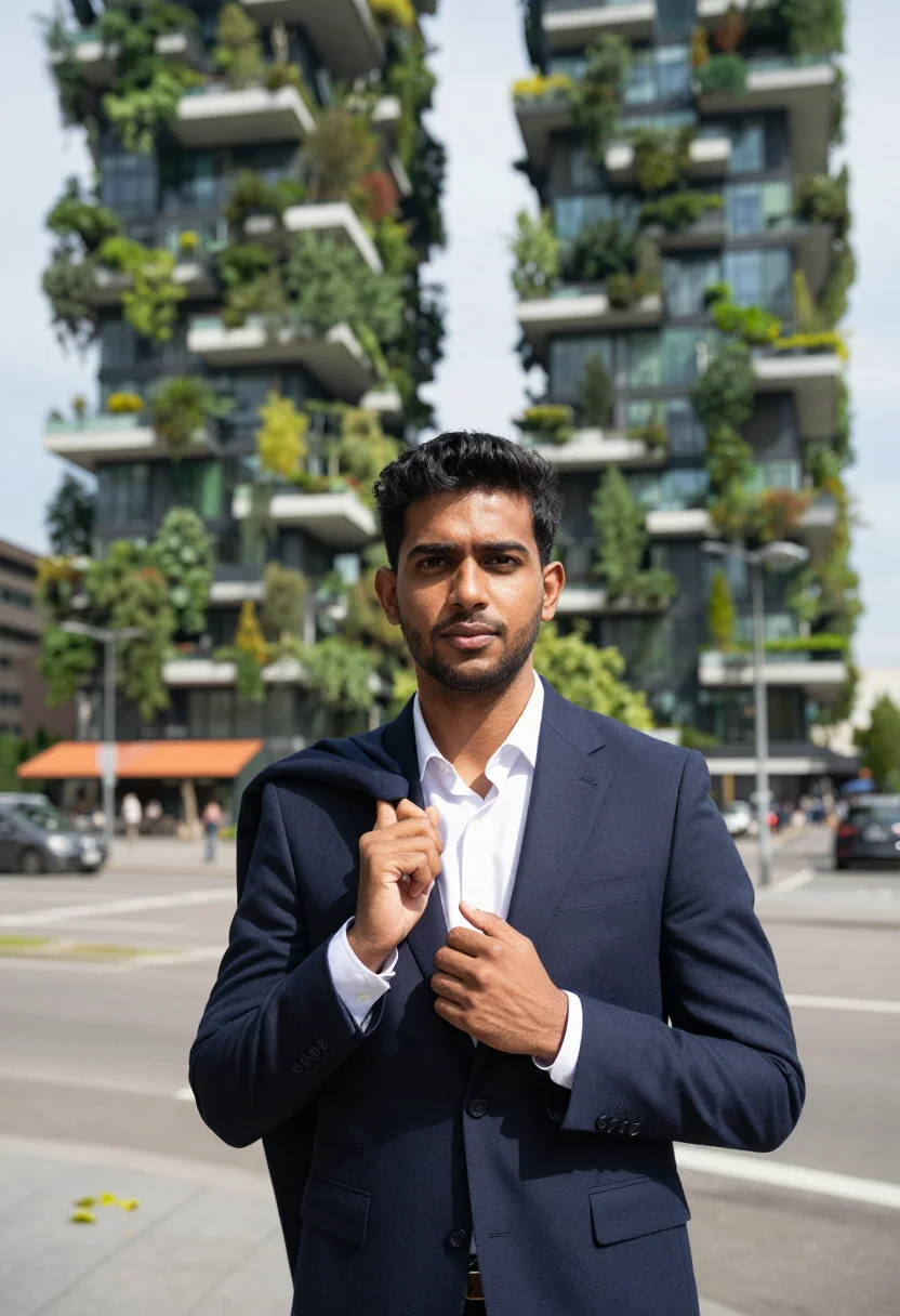 AI milan porta nuova sample — portrait of a man, waist-up portrait of a South-Asian man in