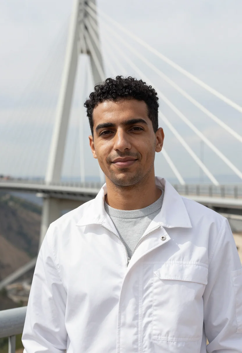 AI millau viaduct engineer pier white sample — portrait of a man, a structural engineer in his late twentie