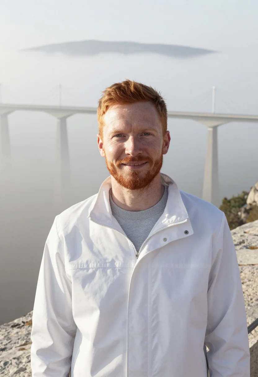 AI millau viaduct engineer pier white sample — portrait of a man, a structural engineer in his early thirti