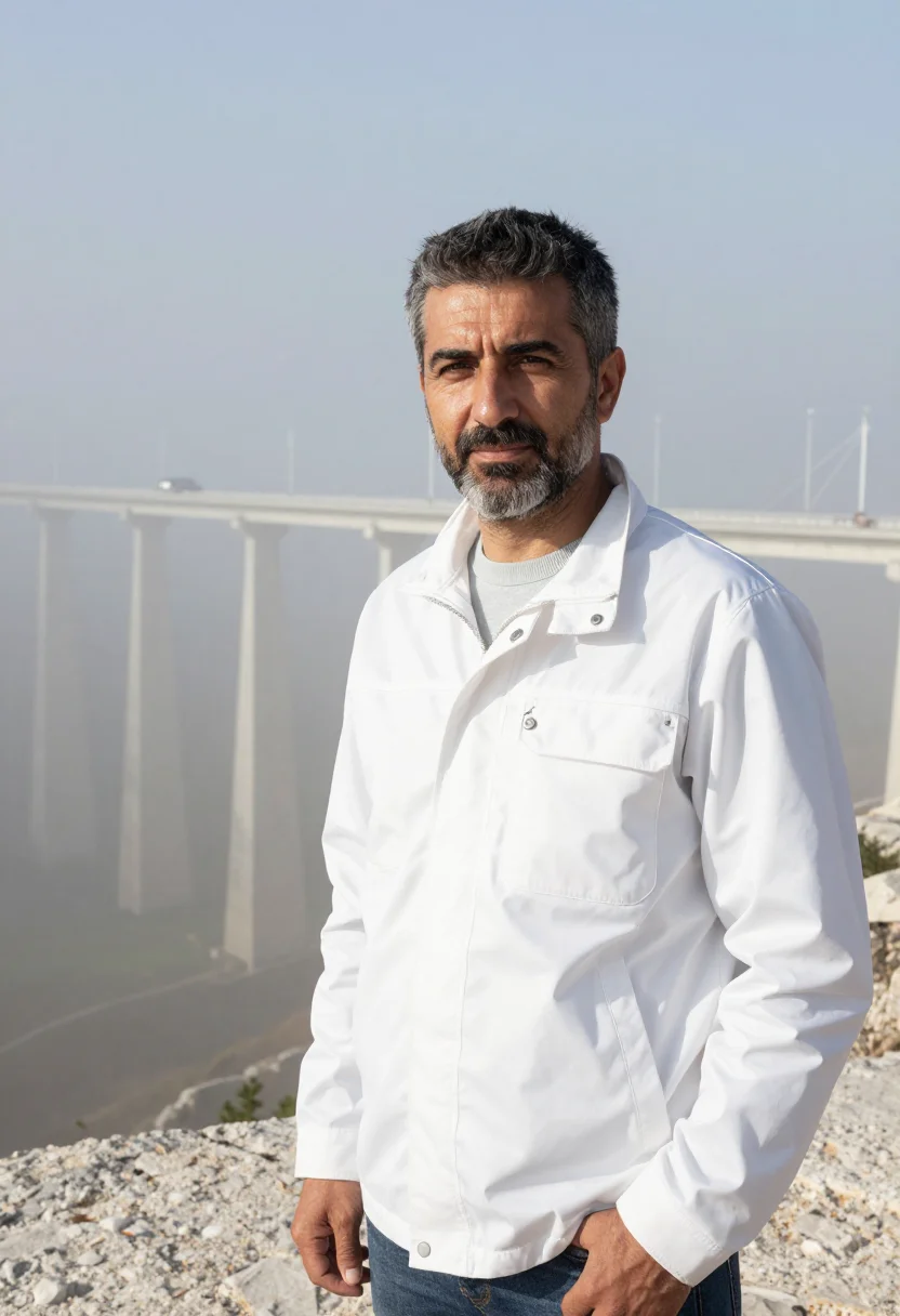 AI millau viaduct engineer pier white sample — portrait of a man, a structural engineer in his mid-forties