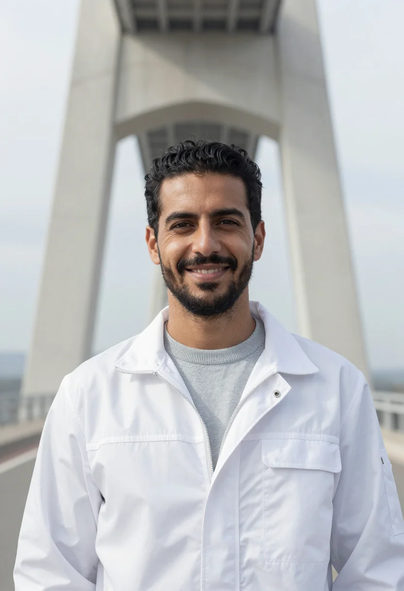 AI millau viaduct engineer pier white sample — portrait of a man, a structural engineer in his mid-thirties