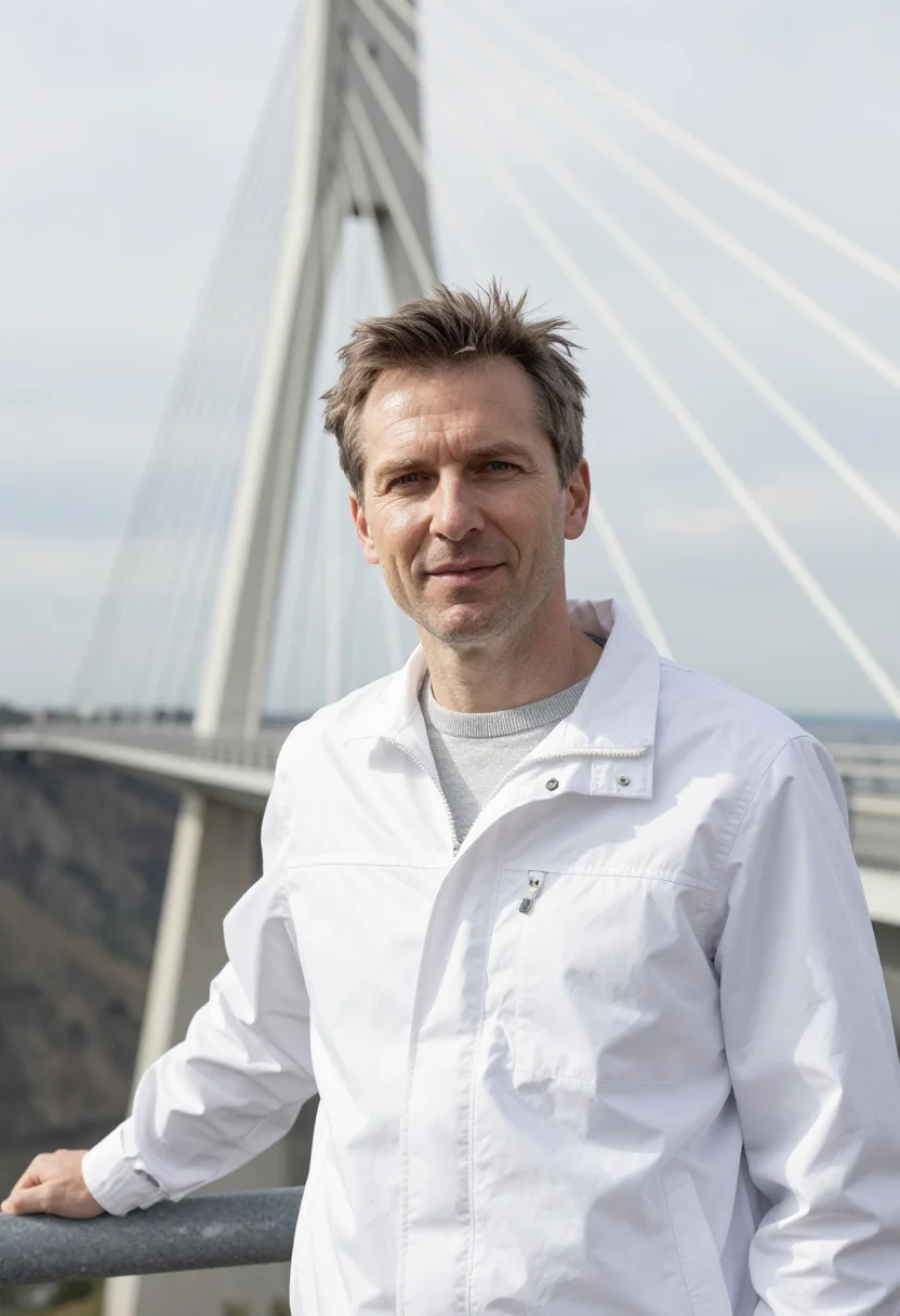 AI millau viaduct engineer pier white sample — portrait of a man, a structural engineer in his forties of P