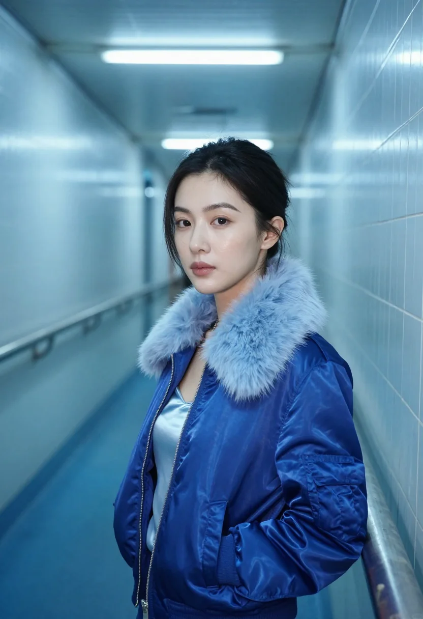 AI millennium mambo taipei corridor blue sample — portrait of a woman, a Taiwanese woman in her mid-twenties w