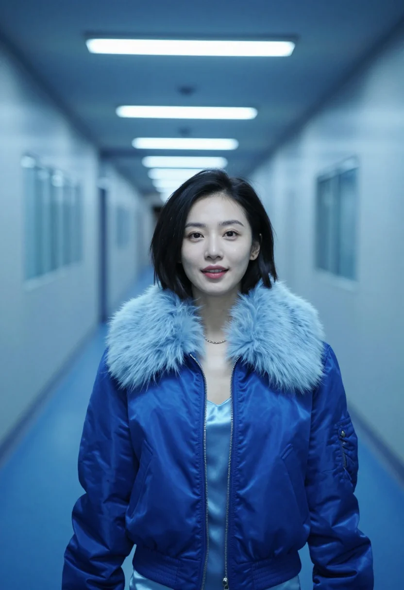AI millennium mambo taipei corridor blue sample — portrait of a woman, a Taiwanese woman in her mid-twenties w