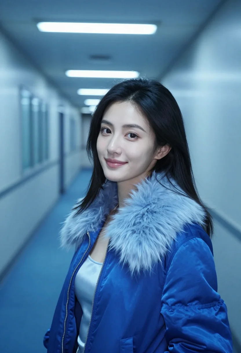 AI millennium mambo taipei corridor blue sample — portrait of a woman, a Taiwanese woman in her mid-twenties w