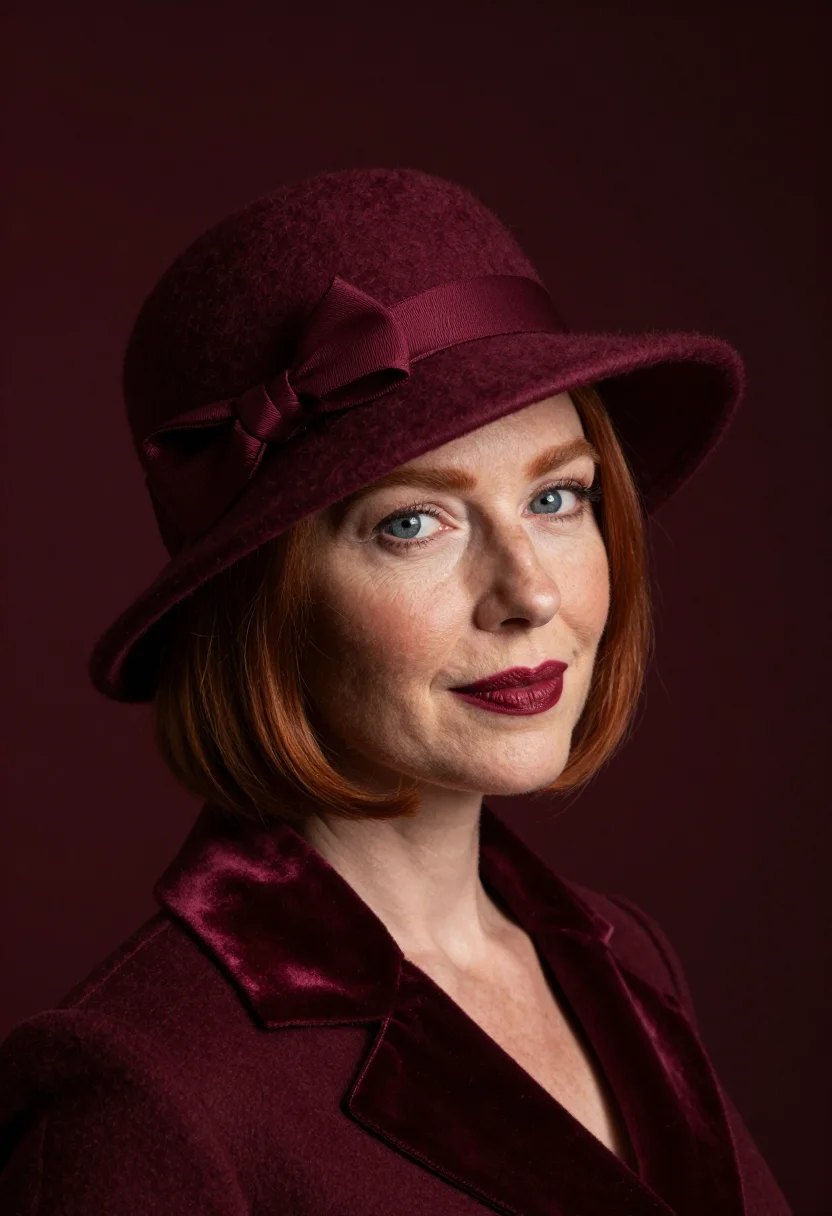 AI milliner felt claret sample — portrait of a woman, framed tight on the head, the body clos