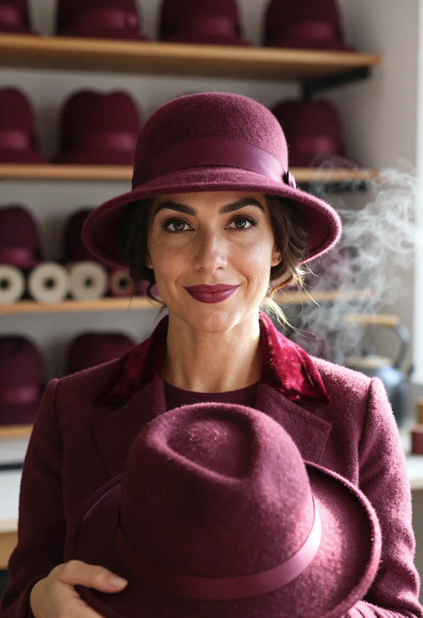 AI milliner felt claret sample — portrait of a woman, framed tight on the head, the body clos